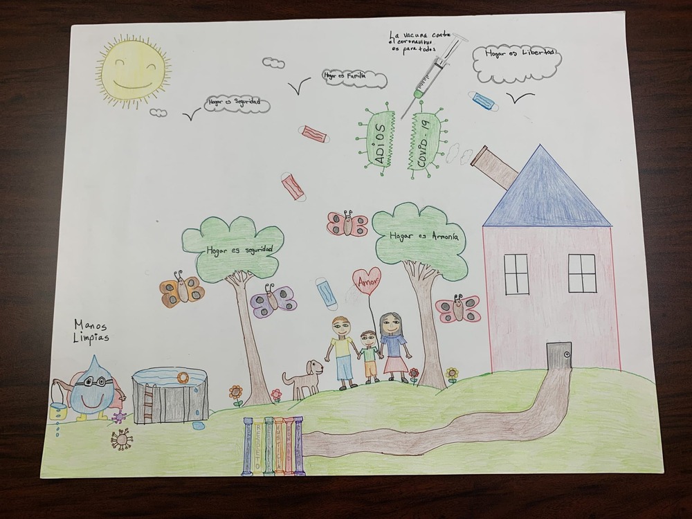 August 2022 What Home Means to Me Contest Winning Artwork of a family standing outside of their home.